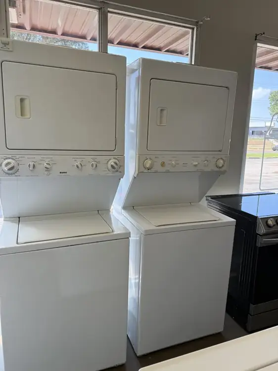 Stackable washer and dryer units in the Quality Appliances showroom